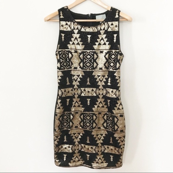 SKIES ARE BLUE Gold Sequin Tribal Bodycon Dress - Picture 2 of 7